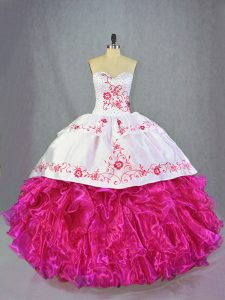 Suitable Hot Pink Lace Up Quinceanera Dresses Beading and Embroidery and Ruffles Sleeveless Brush Train