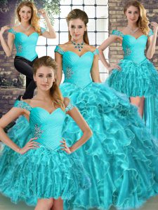 Vintage Ball Gowns Sleeveless Aqua Blue Sweet 16 Dresses Brush Train Lace Up