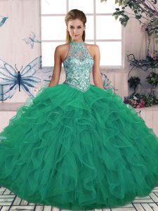 Floor Length Lace Up 15th Birthday Dress Turquoise for Military Ball and Sweet 16 and Quinceanera with Beading and Ruffles
