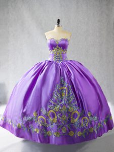 Lavender Ball Gowns Satin Sweetheart Sleeveless Embroidery Floor Length Lace Up 15th Birthday Dress