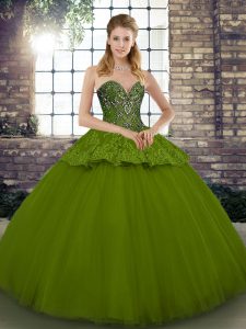 Superior Olive Green Tulle Lace Up Sweetheart Sleeveless Floor Length Quinceanera Dress Beading and Appliques