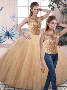 Deluxe Gold Scoop Lace Up Beading 15 Quinceanera Dress Sleeveless