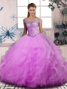 Comfortable Lilac Vestidos de Quinceanera Sweet 16 and Quinceanera with Beading and Ruffles Off The Shoulder Sleeveless Lace Up