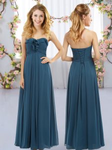 High Class Sleeveless Chiffon Floor Length Lace Up Quinceanera Court Dresses in Navy Blue with Ruffles