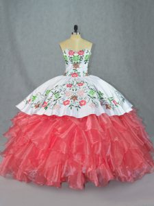 Sleeveless Satin and Organza Lace Up 15 Quinceanera Dress in Watermelon Red with Embroidery and Ruffles