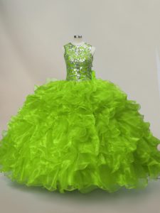 Green Organza Lace Up Scoop Sleeveless Floor Length Quinceanera Dresses Ruffles and Sequins