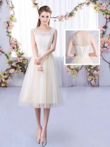 Tea Length Lace Up Court Dresses for Sweet 16 Champagne for Wedding Party with Lace