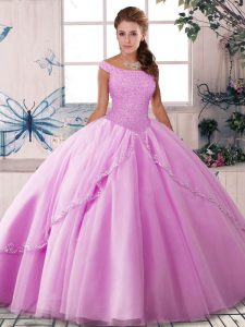 Lilac Ball Gowns Beading 15 Quinceanera Dress Lace Up Tulle Sleeveless