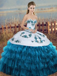 Fancy Organza Sweetheart Sleeveless Lace Up Embroidery and Ruffled Layers and Bowknot Ball Gown Prom Dress in Blue And White