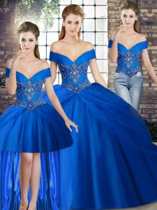 Royal Blue Off The Shoulder Lace Up Beading and Pick Ups Sweet 16 Quinceanera Dress Brush Train Sleeveless