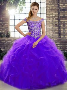 Hot Selling Purple Ball Gowns Tulle Off The Shoulder Sleeveless Beading and Ruffles Lace Up Sweet 16 Dresses Brush Train