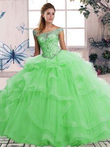 Tulle Off The Shoulder Sleeveless Lace Up Beading and Ruffles Quinceanera Dress in Green
