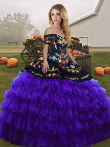 Smart Black And Purple Organza Lace Up Off The Shoulder Sleeveless Floor Length Quinceanera Gown Embroidery and Ruffled Layers