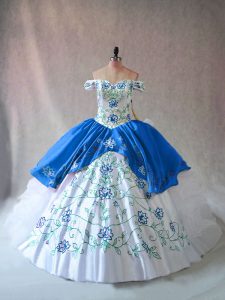 Blue And White Off The Shoulder Lace Up Embroidery and Ruffles Ball Gown Prom Dress Sleeveless