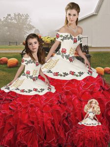 White And Red Organza Lace Up Sweet 16 Quinceanera Dress Sleeveless Floor Length Embroidery and Ruffles