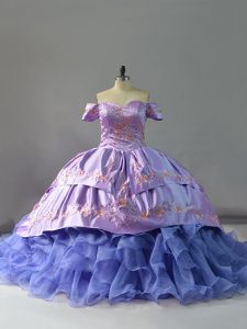 Sleeveless Embroidery and Ruffles Lace Up 15th Birthday Dress with Lavender Chapel Train