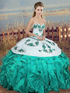 Turquoise Sleeveless Floor Length Embroidery and Ruffles and Bowknot Lace Up Quince Ball Gowns