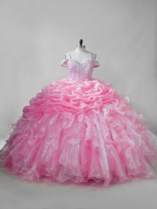 Perfect Pink Lace Up Straps Beading and Ruffles and Pick Ups Sweet 16 Quinceanera Dress Organza Sleeveless Brush Train