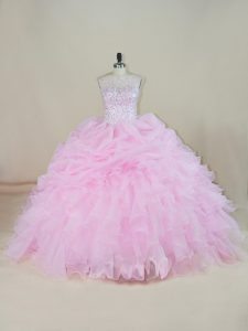 Sophisticated Pink Ball Gowns Scoop Sleeveless Organza Brush Train Backless Beading and Ruffles Quinceanera Gown