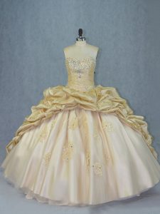 Champagne Sleeveless Organza and Taffeta Brush Train Lace Up Vestidos de Quinceanera for Sweet 16 and Quinceanera