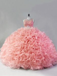 Scoop Sleeveless Zipper Quinceanera Gown Pink Fabric With Rolling Flowers