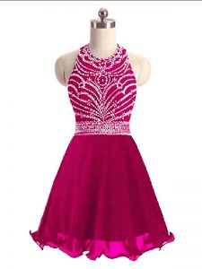 Mini Length Hot Pink Dress for Prom Halter Top Sleeveless Lace Up