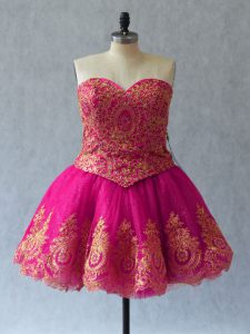 Sweet Fuchsia Ball Gowns Tulle Sweetheart Sleeveless Appliques and Embroidery Mini Length Lace Up