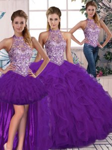 Glorious Purple Halter Top Lace Up Beading and Ruffles Quinceanera Dresses Sleeveless