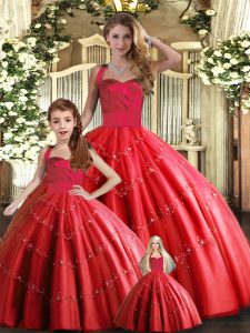 Appliques Ball Gown Prom Dress Red Lace Up Sleeveless Floor Length