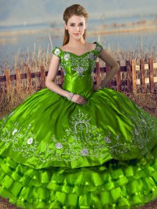 Perfect Sleeveless Floor Length Embroidery and Ruffled Layers Lace Up Vestidos de Quinceanera with Green