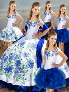 Affordable Satin and Organza Off The Shoulder Sleeveless Lace Up Embroidery and Ruffles Quinceanera Gown in Blue And White