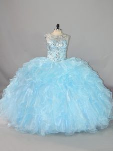 Edgy Sleeveless Floor Length Beading and Ruffles Lace Up Quince Ball Gowns with Blue