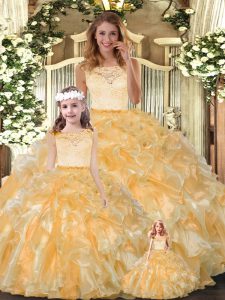 Gold Ball Gowns Lace and Ruffles Quince Ball Gowns Clasp Handle Organza Sleeveless Floor Length