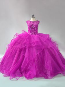 Gorgeous Scoop Long Sleeves Brush Train Lace Up Quinceanera Dresses Fuchsia Organza