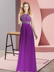 Beauteous Purple Empire Chiffon Scoop Sleeveless Beading Floor Length Backless Homecoming Dress