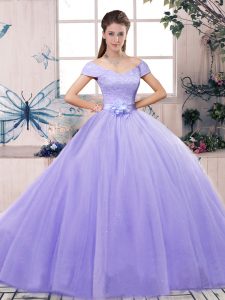 Lavender Off The Shoulder Neckline Lace and Hand Made Flower Quinceanera Gowns Short Sleeves Lace Up