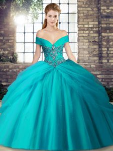 Teal Ball Gowns Tulle Off The Shoulder Sleeveless Beading and Pick Ups Lace Up Sweet 16 Quinceanera Dress Brush Train