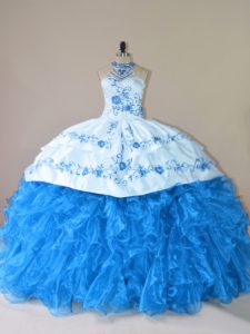 Blue Ball Gowns Embroidery and Ruffles 15th Birthday Dress Lace Up Organza Sleeveless