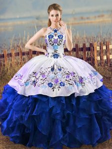 Pretty Ball Gowns Vestidos de Quinceanera Blue And White Halter Top Organza Sleeveless Floor Length Lace Up
