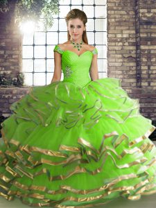 Dynamic Floor Length Ball Gown Prom Dress Tulle Sleeveless Beading and Ruffled Layers