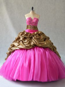 New Arrival V-neck Sleeveless Sweet 16 Quinceanera Dress Brush Train Beading and Pick Ups Hot Pink Organza