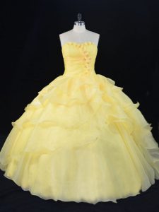 Top Selling Yellow Organza Lace Up Sweetheart Sleeveless Floor Length Ball Gown Prom Dress Hand Made Flower