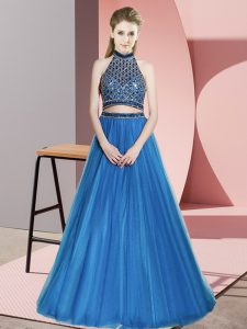 Sleeveless Beading Backless Prom Evening Gown with Blue