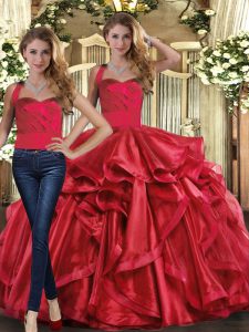 Ruffles Ball Gown Prom Dress Red Lace Up Sleeveless Floor Length
