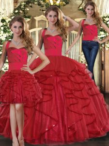 Sophisticated Red Lace Up Quinceanera Dress Ruffles Sleeveless Floor Length