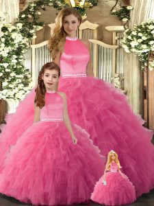 Floor Length Ball Gowns Sleeveless Hot Pink Quinceanera Gown Backless