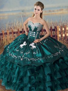 Low Price Peacock Green Sleeveless Floor Length Embroidery and Ruffles Lace Up 15 Quinceanera Dress