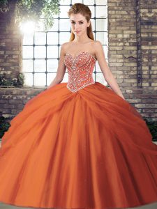 Sleeveless Beading and Pick Ups Lace Up 15th Birthday Dress with Orange Red Brush Train