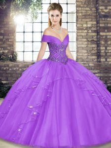 Custom Fit Sleeveless Floor Length Beading and Ruffles Lace Up Ball Gown Prom Dress with Lavender