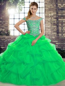 Green Tulle Lace Up Quinceanera Dresses Sleeveless Brush Train Beading and Pick Ups